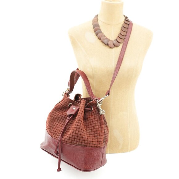 Bucket Bag Burgundy Made in Italy Woven Suede Leather Cinch BORSE In PELLE Purse - Picture 2 of 8